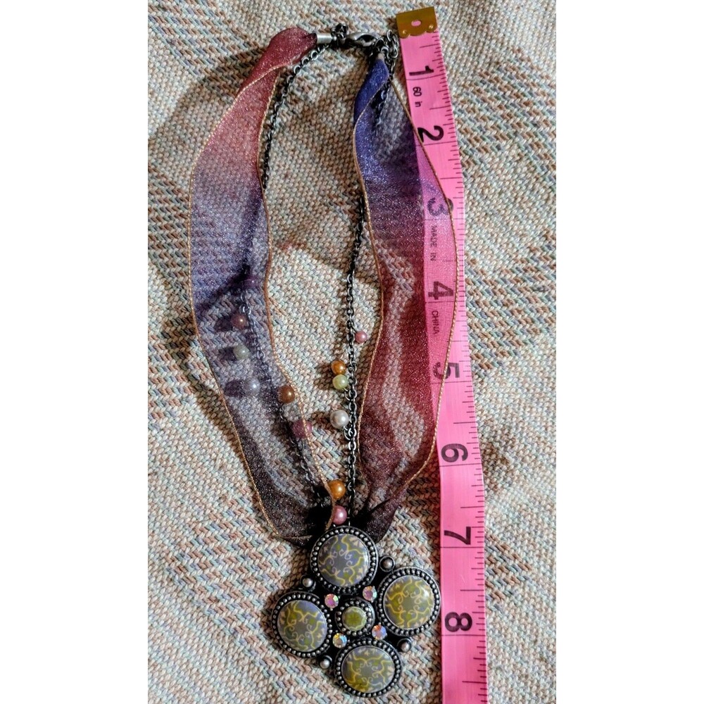Boho Ribbon Choker Necklace Pink Purple Iridescent Pendant Fairycore Cottagecore - Picture 6 of 6